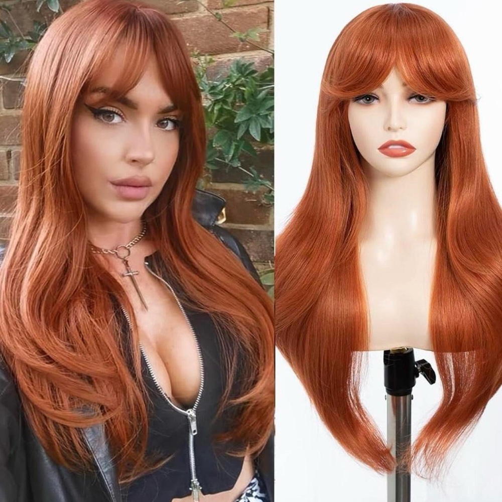 Human hair blended ginger color natural straight wave wig